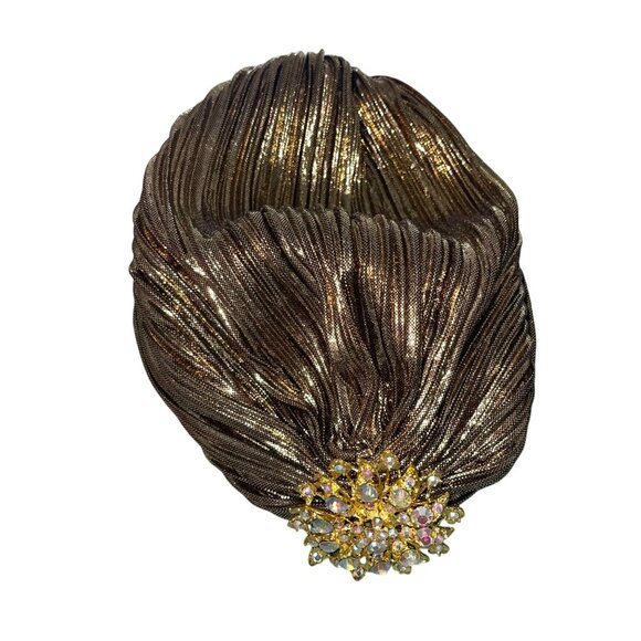 Gather Top Vintage Womens Turban Hat One Size Gold Crystal Head Wrap Pleated - Picture 1 of 7